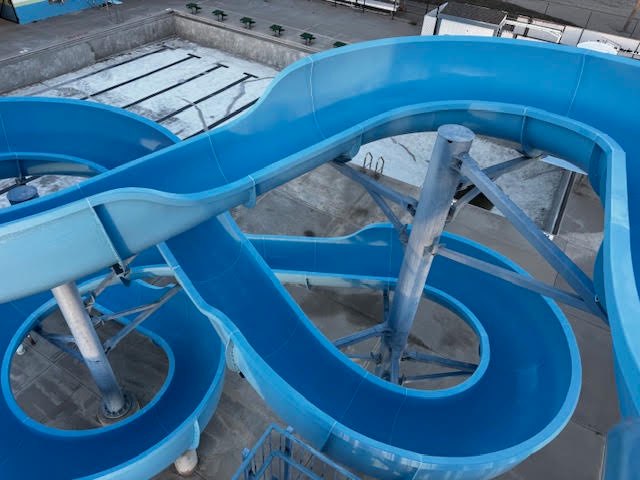 Overhead view of the refinished slide loops at the Burlington pool