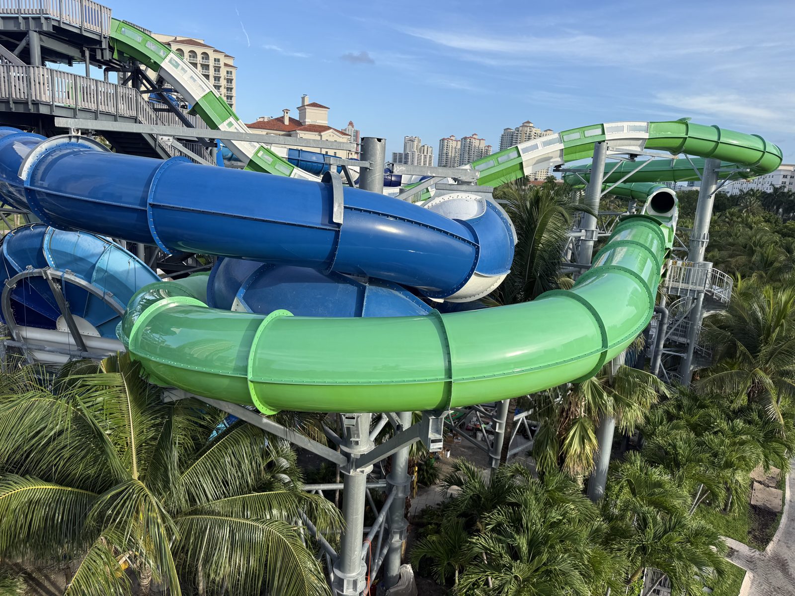 Green and blue waterslides at Tidal Cove after their exterior clear coat